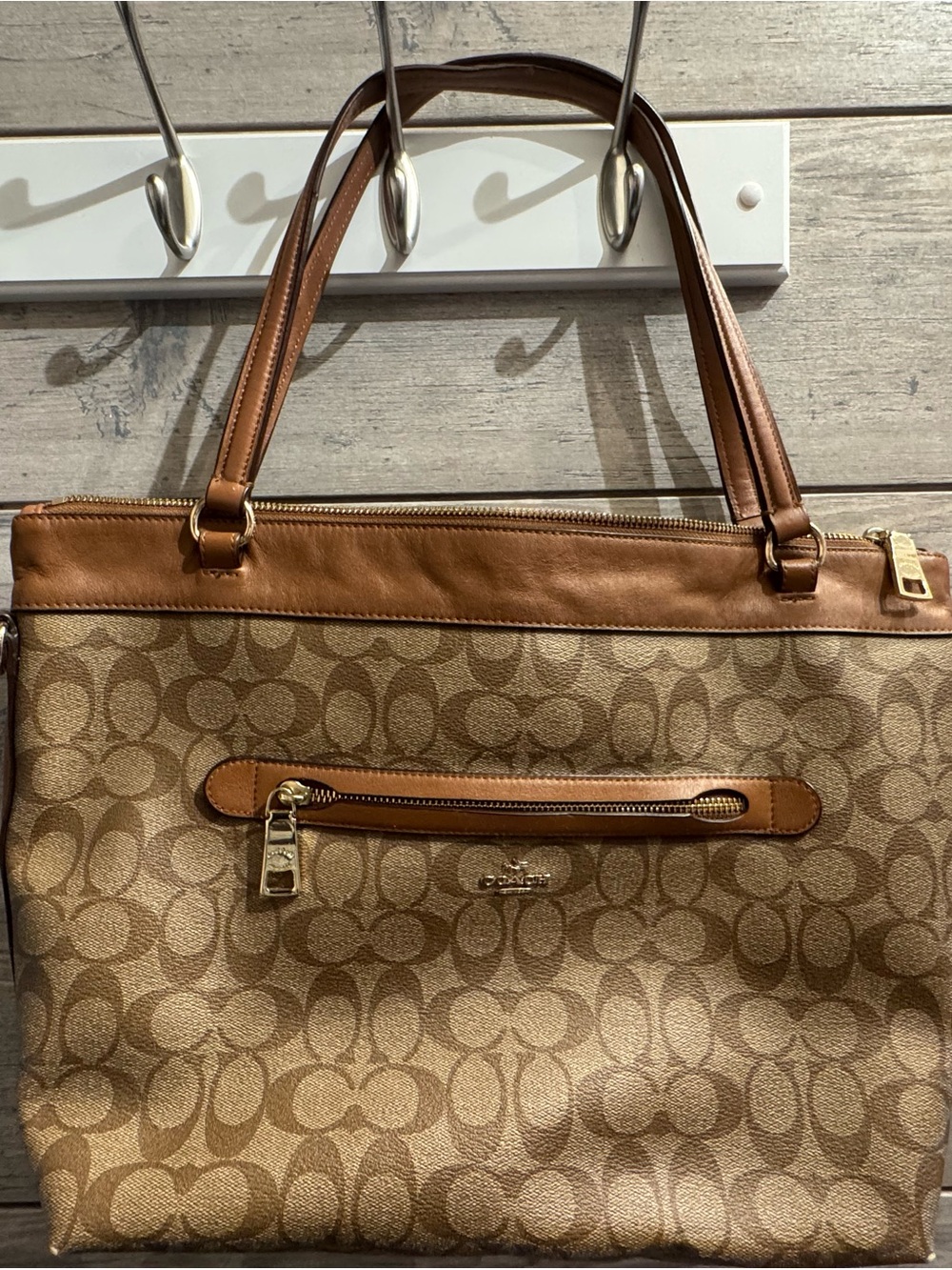 Coach Tan Signature Canvas Tote with Brown Leather Trim